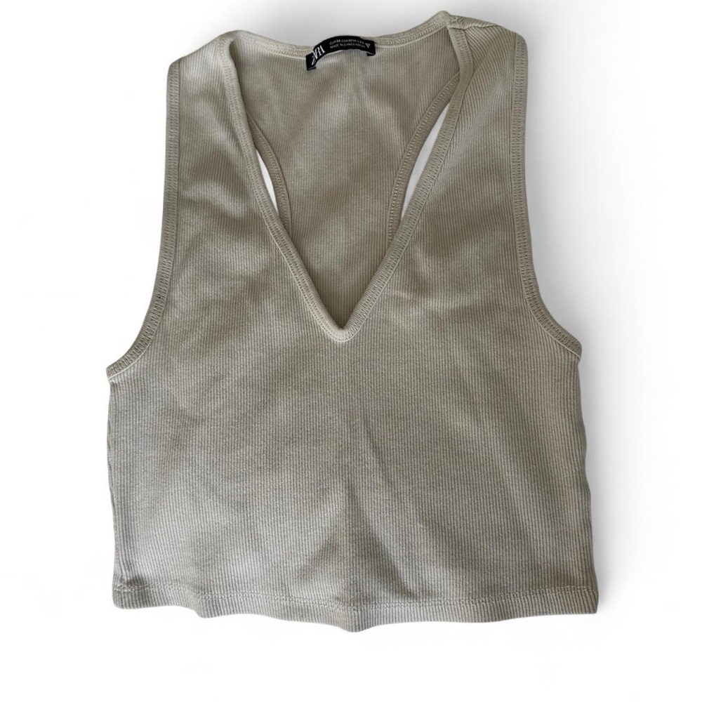 Beige Ribbed V-Neck Tank Top